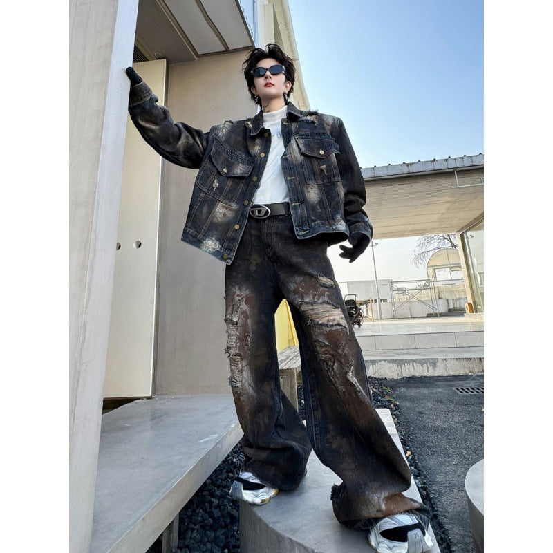 Old Cowboy Ripped Denim Jacket – Stylish Painted Design